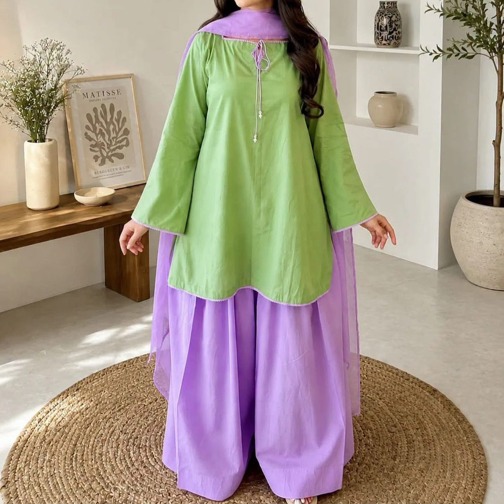 Premium Lawn Contrast 3PC Co-Ord Set with Chiffon Dupatta
