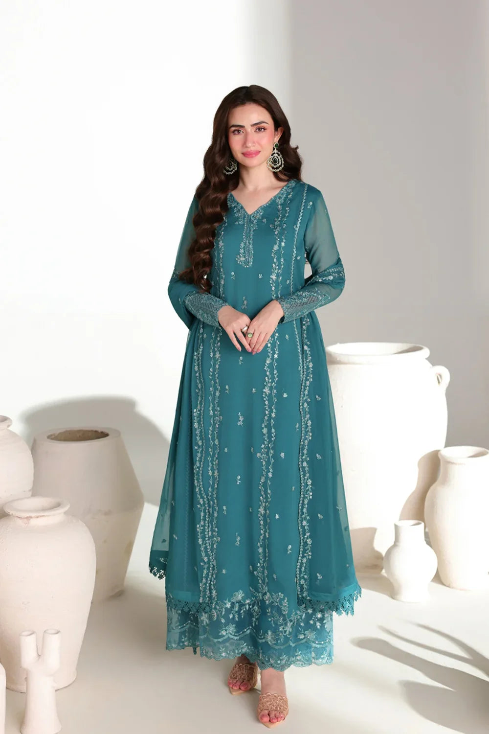Azure Teal Affair – Teal Embroidered 3PC Festive Ensemble