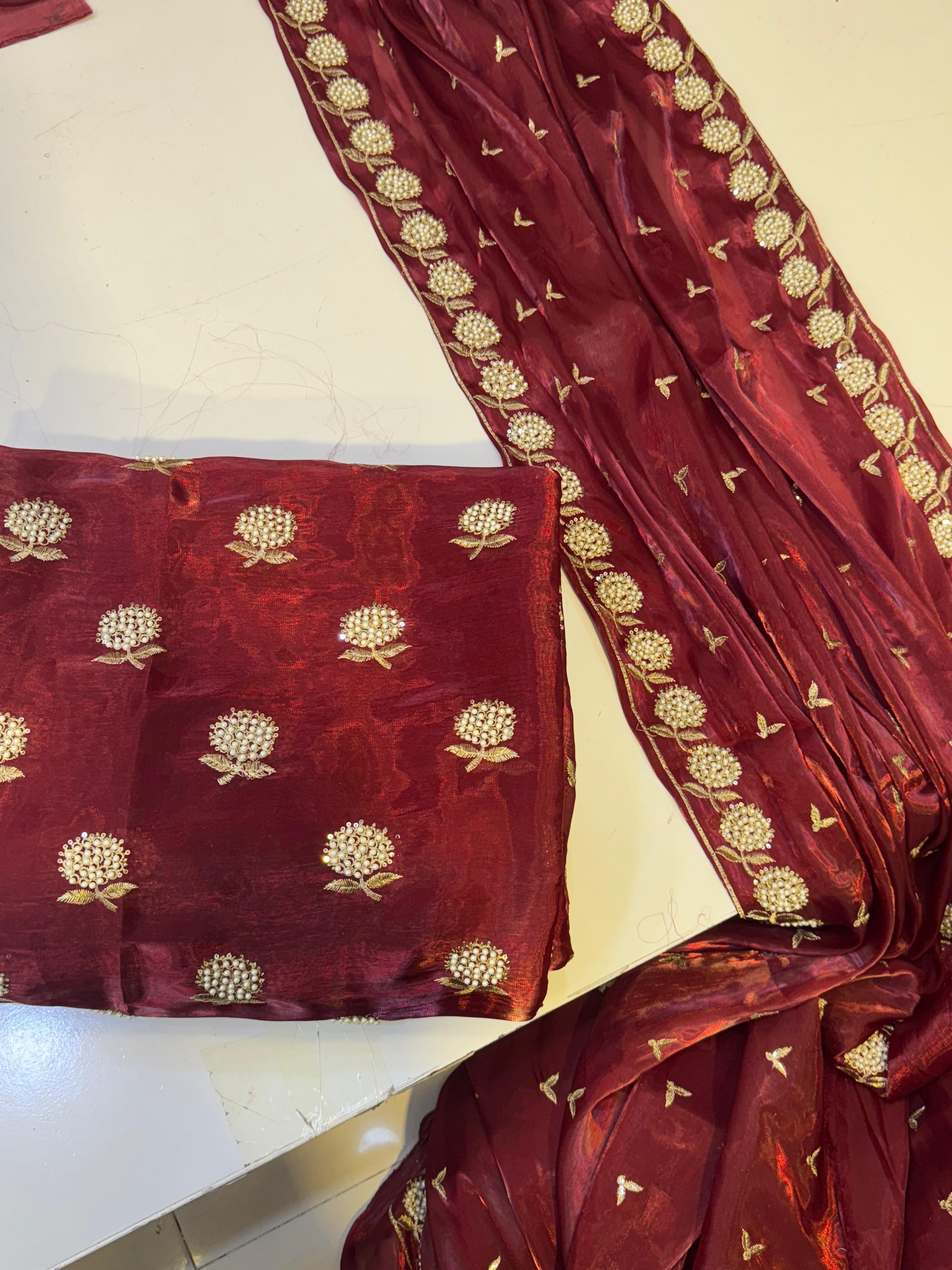 Nee Pearl design shesha silk beats work 2.5 Dupta Long length mixed match 2 yards Plan Trouser