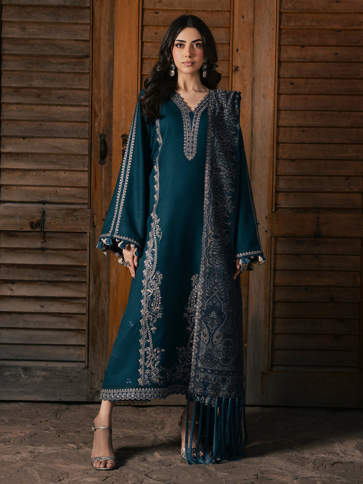 Izel Musafir Adaa – Teal Blue Embroidered Italian Woolen 3PC Suit with Shawl