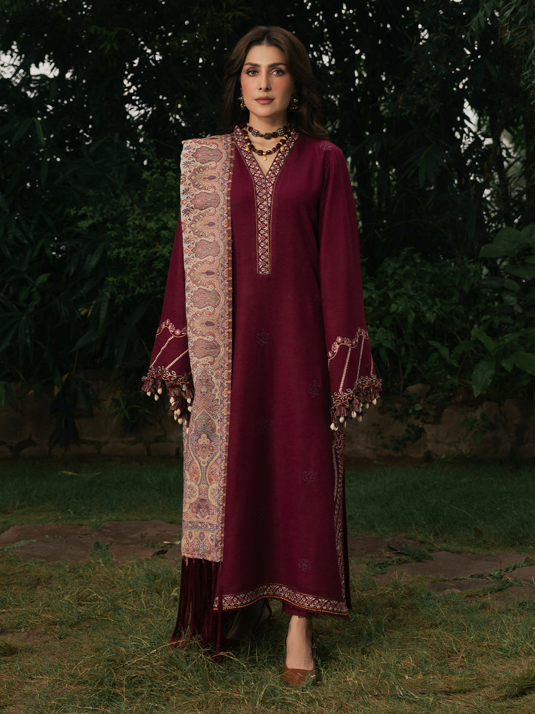 Izel Musafir Afroze – Cherry Red Embroidered Italian Woolen 3PC Suit with Shawl