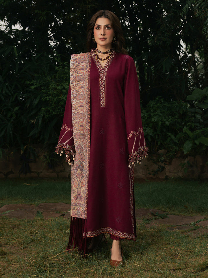 Izel Musafir Afroze – Cherry Red Embroidered Italian Woolen 3PC Suit with Shawl
