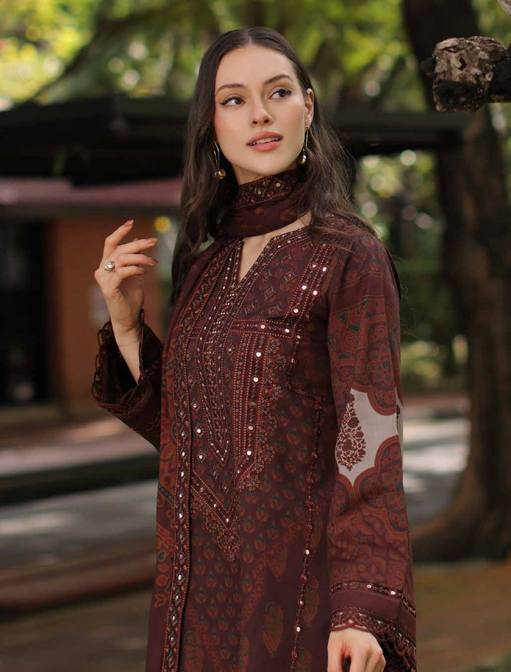 Charizma Aniiq ANW7-13 – Maroon Brown Embroidered Printed Linen 3PC Suit with Irish Linen Shawl