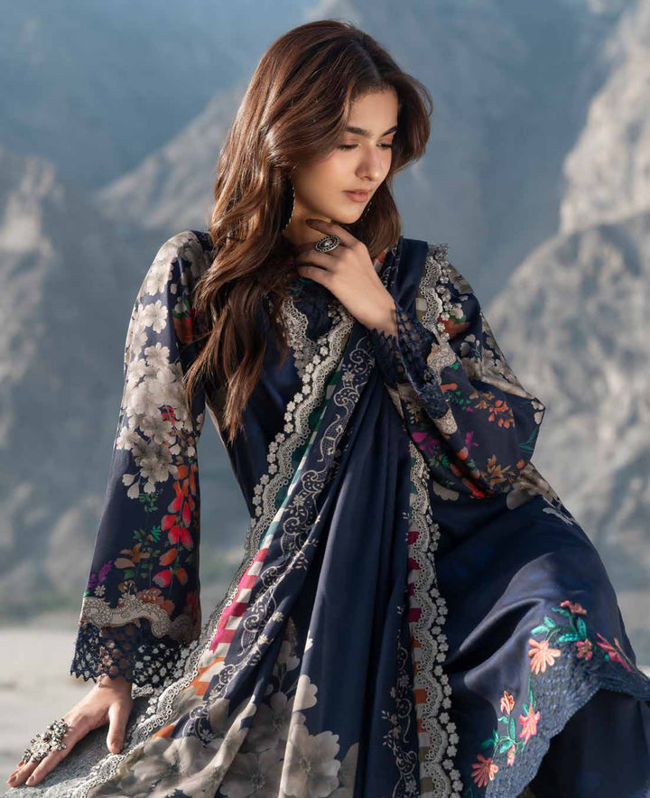 Charizma Aniiq ANW7-14 – Midnight Navy Embroidered Printed Linen 3PC Suit with Irish Linen Shawl