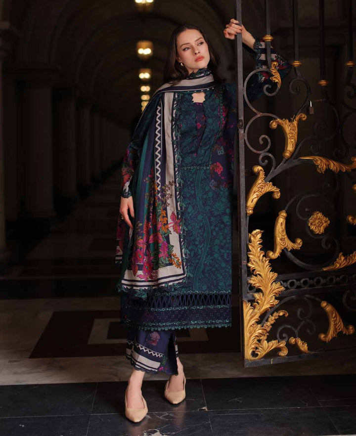 Charizma Aniiq ANW7-17 – Teal Blue Embroidered Printed Linen 3PC Suit with Irish Linen Shawl