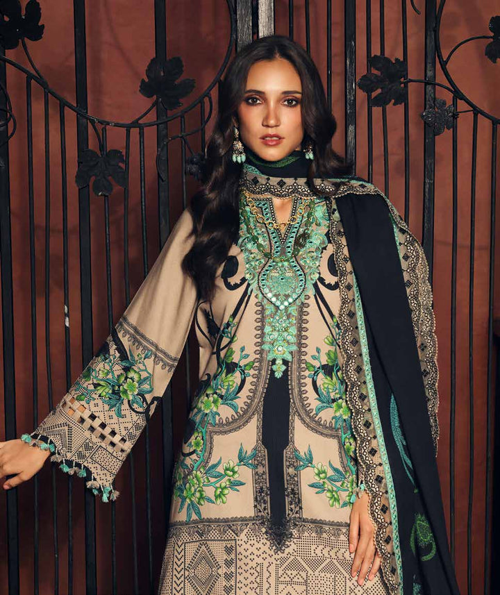 Charizma Aniiq ANW7-19 – Beige & Green Embroidered Printed Linen 3PC Suit with Irish Linen Shawl