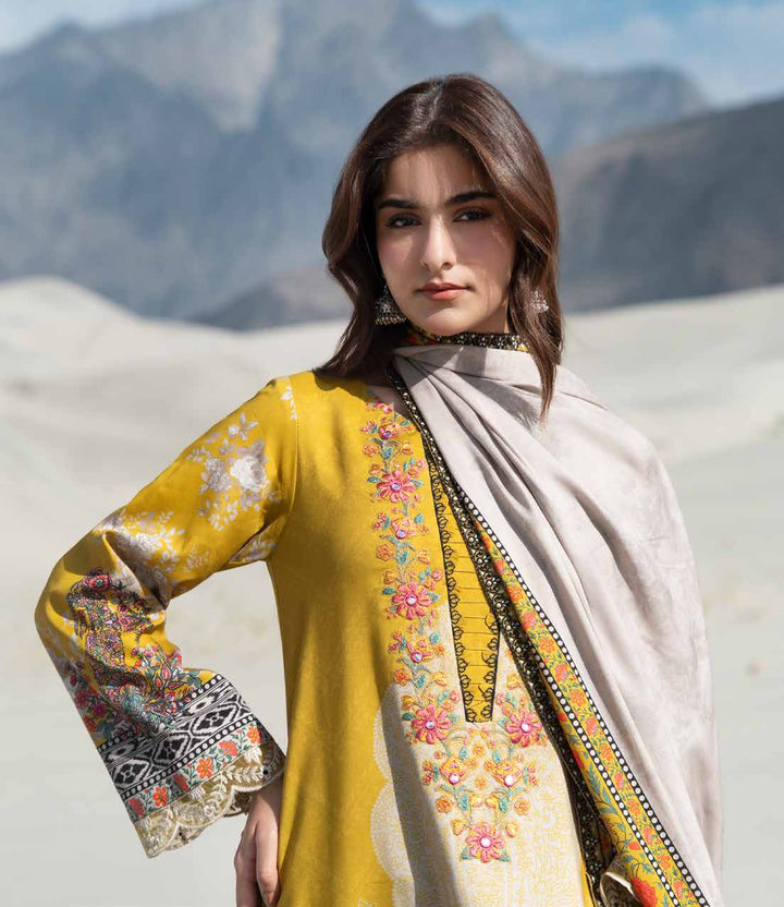 Charizma Aniiq ANW7-20 – Mustard Yellow Embroidered Printed Linen 3PC Suit with Irish Linen Shawl