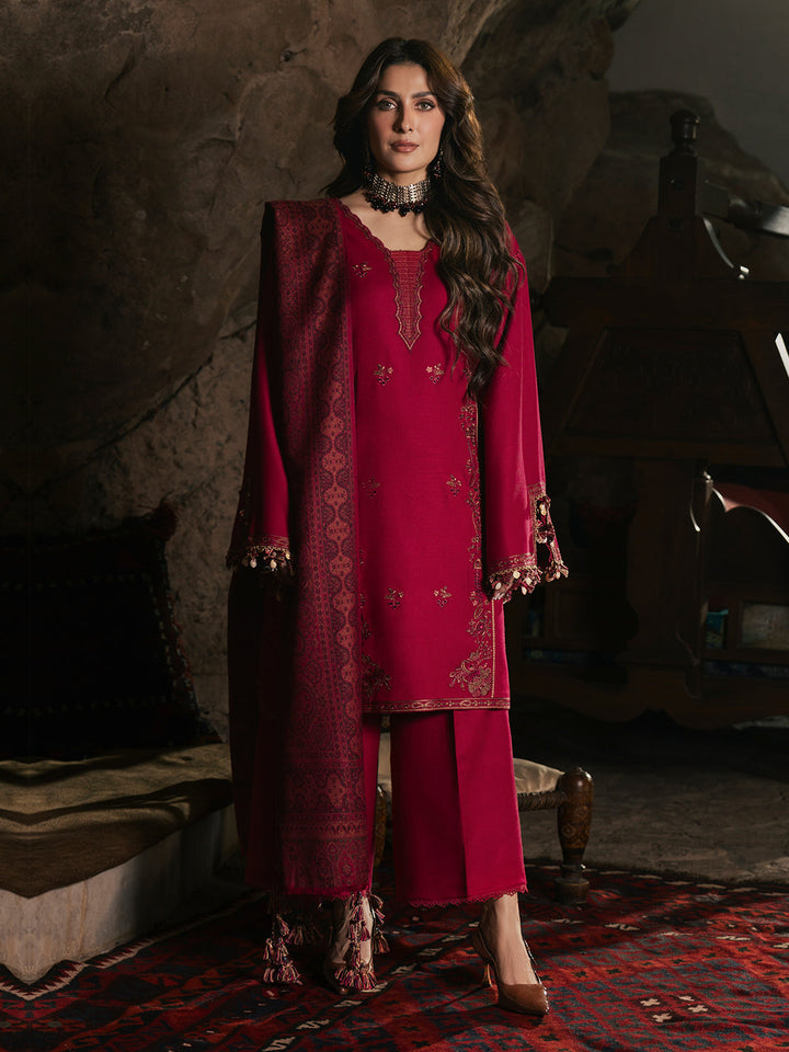 Izel Musafir Aroha – Spiced Cranberry Embroidered Italian Woolen 3PC Suit with Shawl