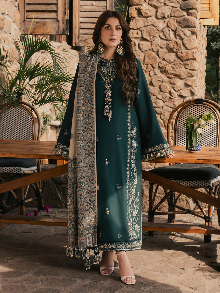 Izel Musafir Aveen – Lacoste Green Embroidered Italian Woolen 3PC Suit with Shawl