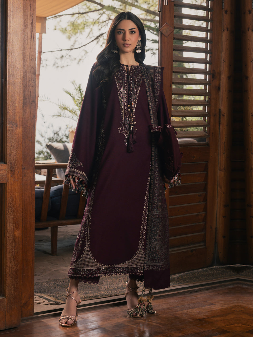 Izel Musafir Aylah – Plum Embroidered Italian Woolen 3PC Suit with Shawl