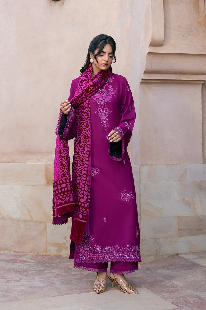 Raaya The Plush Edit Berry Noir – Embroidered Slub Dhanak 3PC Suit with Palachi Shawl
