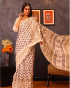 Fine Lawn Ajrak Organic Print Saree With Blouse