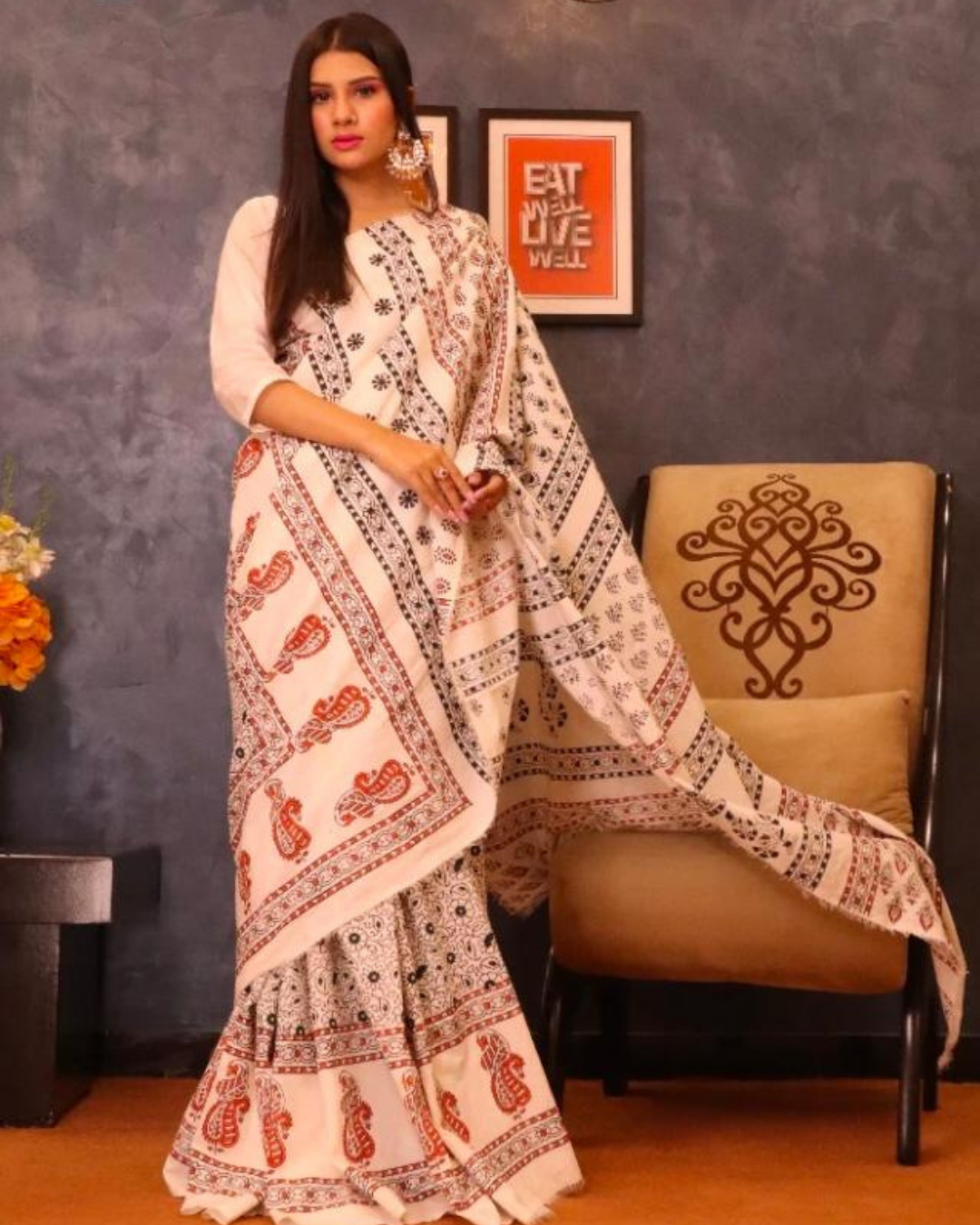 Fine Lawn Ajrak Organic Print Saree With Blouse