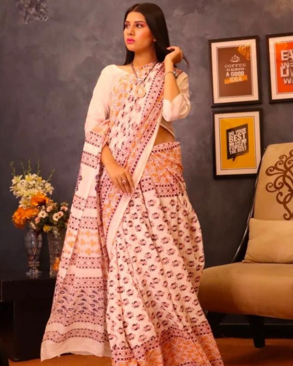 Fine Lawn Ajrak Organic Print Saree With Blouse