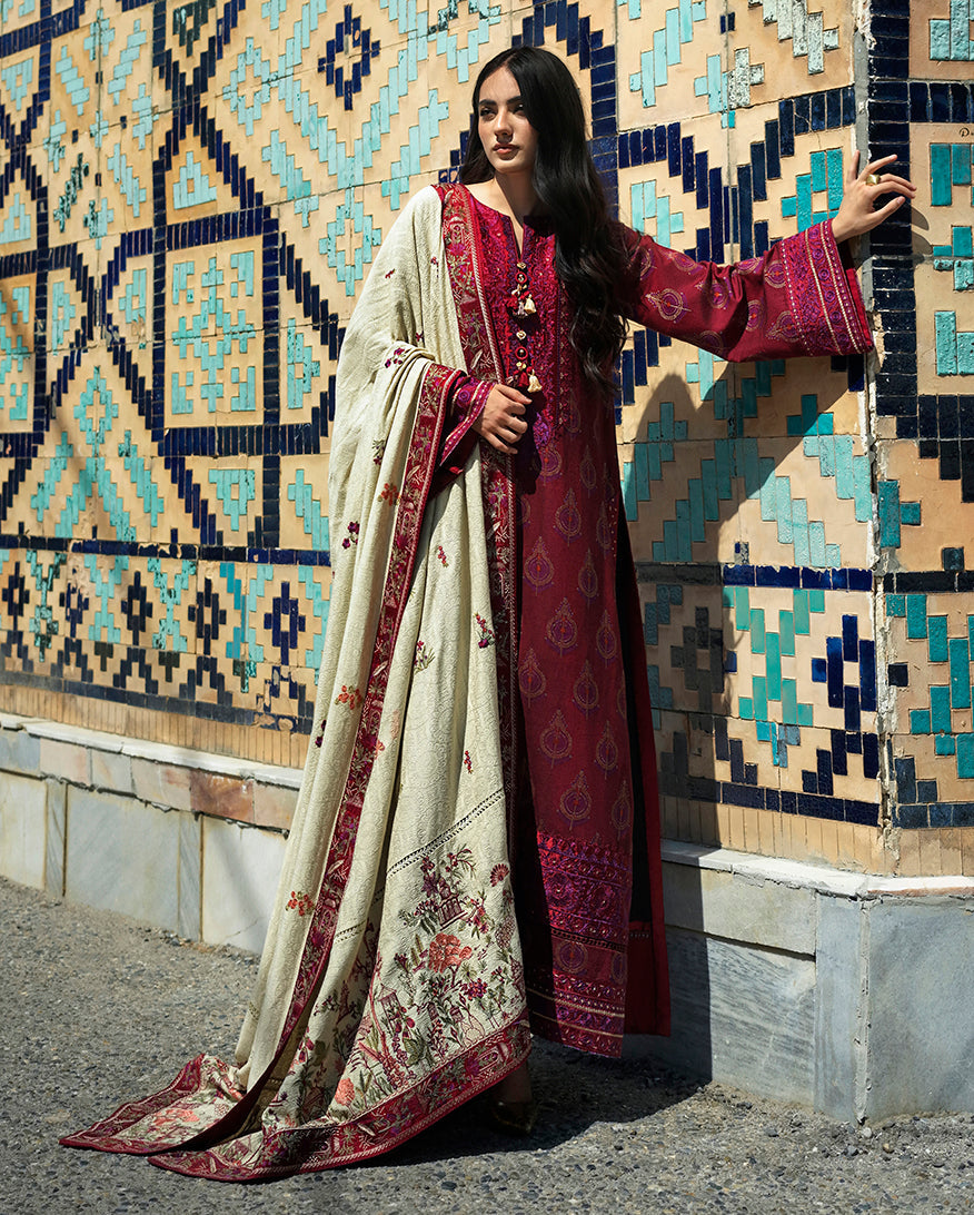 Mushq Broadway Celestial Queen MUNWI260105 – Red Jacquard Embroidered 3PC Suit with Shawl