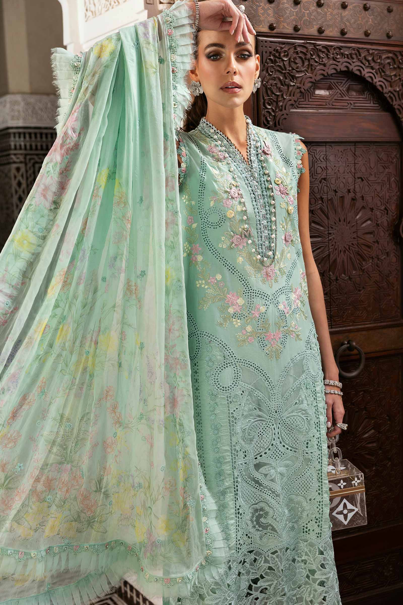 Maria.b 3 piece unstitched embroidered lawn suit | d-2514-a