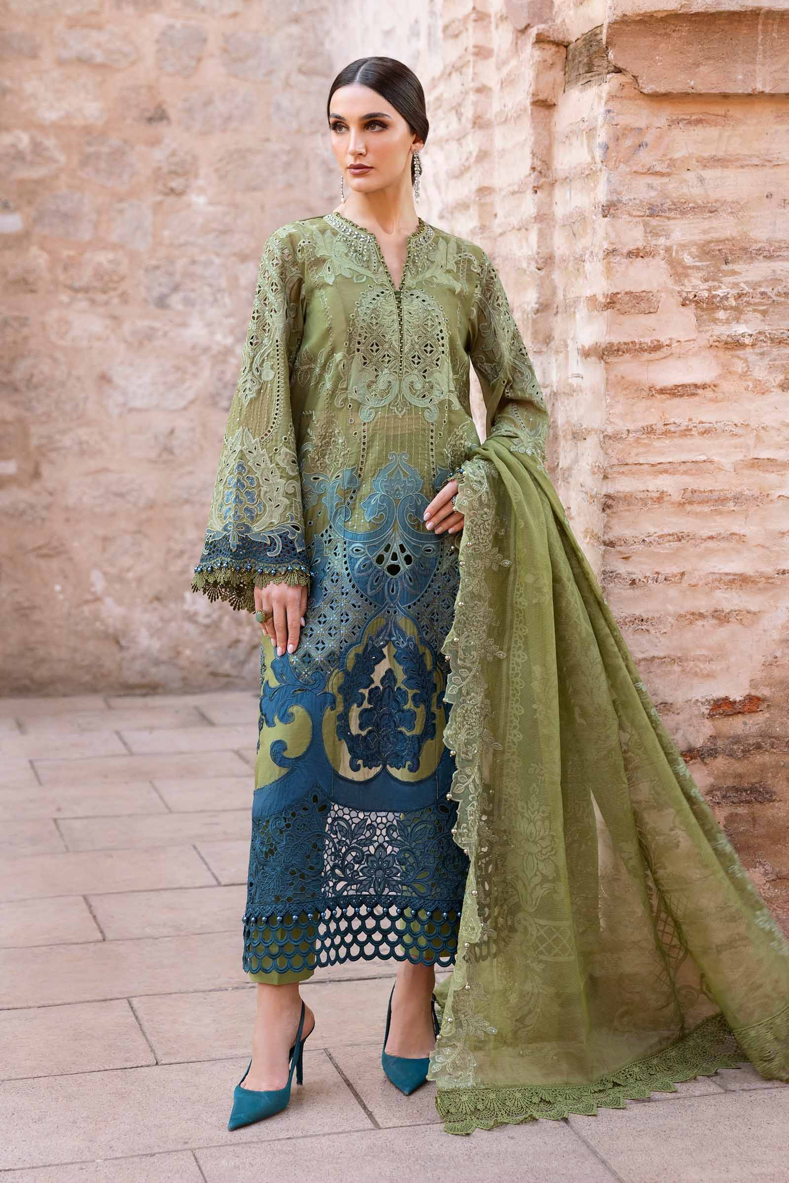 Maria.b 3 piece unstitched embroidered paper cotton suit | d-2501-a