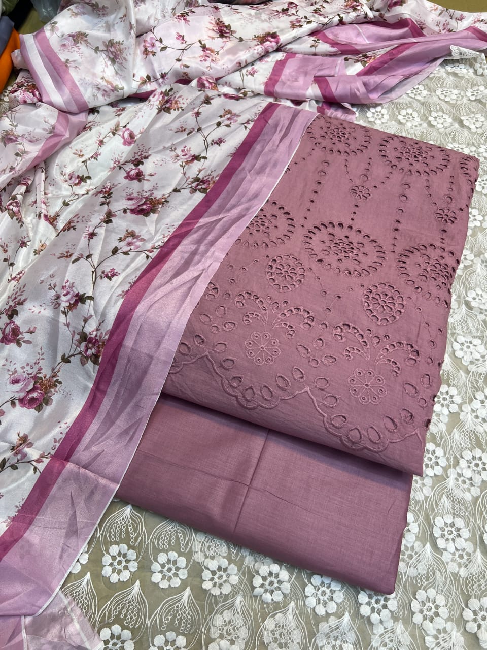 Chickenkari cutwork dresses with medium silk duppata limited stock