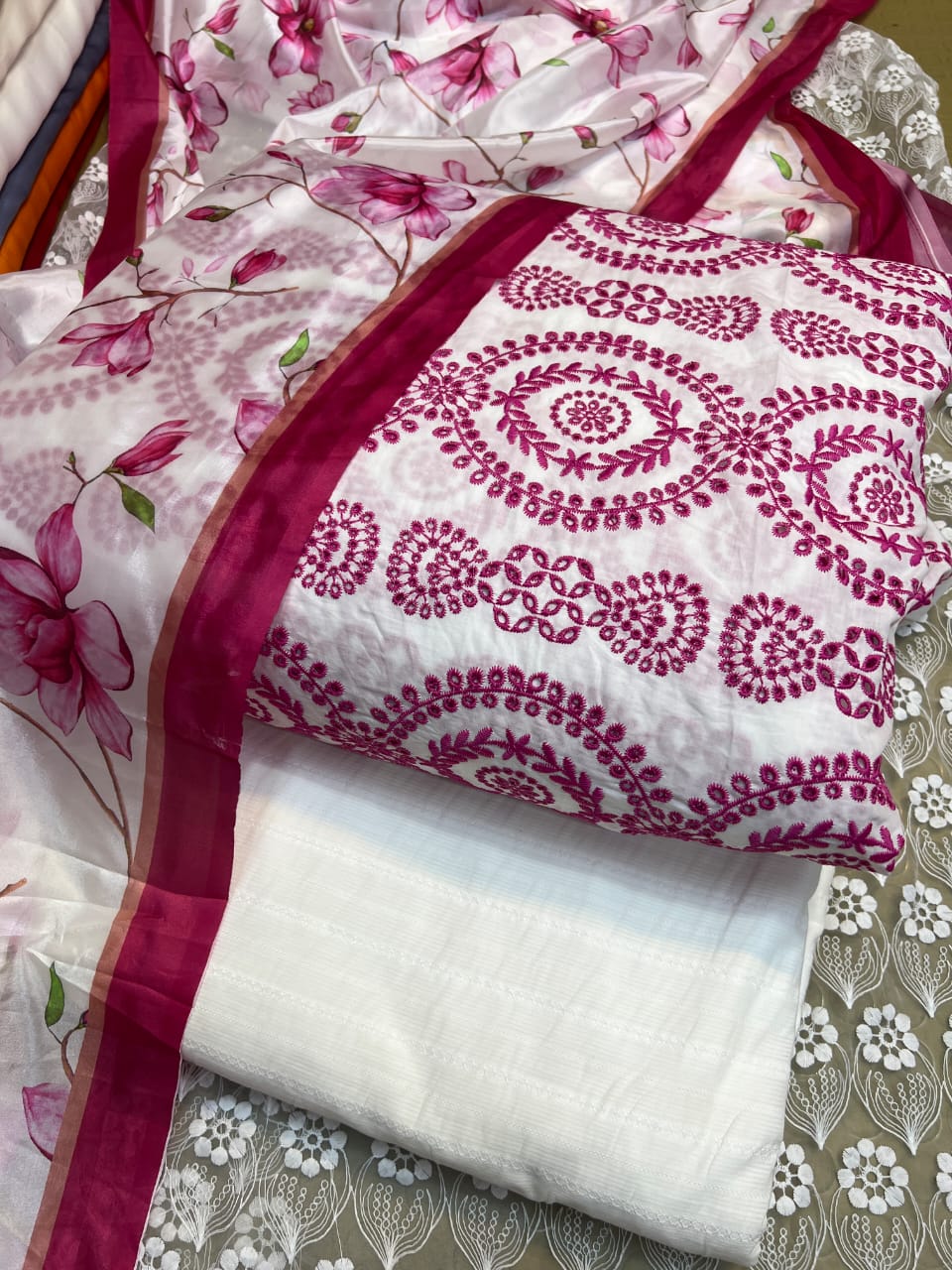 Chickenkari cutwork dresses with medium silk duppata limited stock