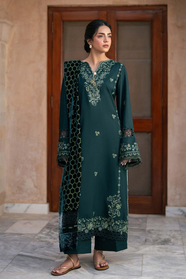 Raaya The Plush Edit Jade – Embroidered Slub Dhanak 3PC Suit with Palachi Shawl