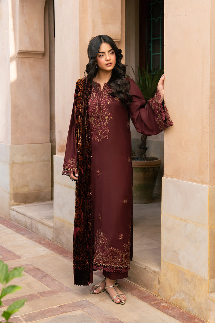 Raaya The Plush Edit Maroon Reverie – Embroidered Slub Dhanak 3PC Suit with Palachi Shawl