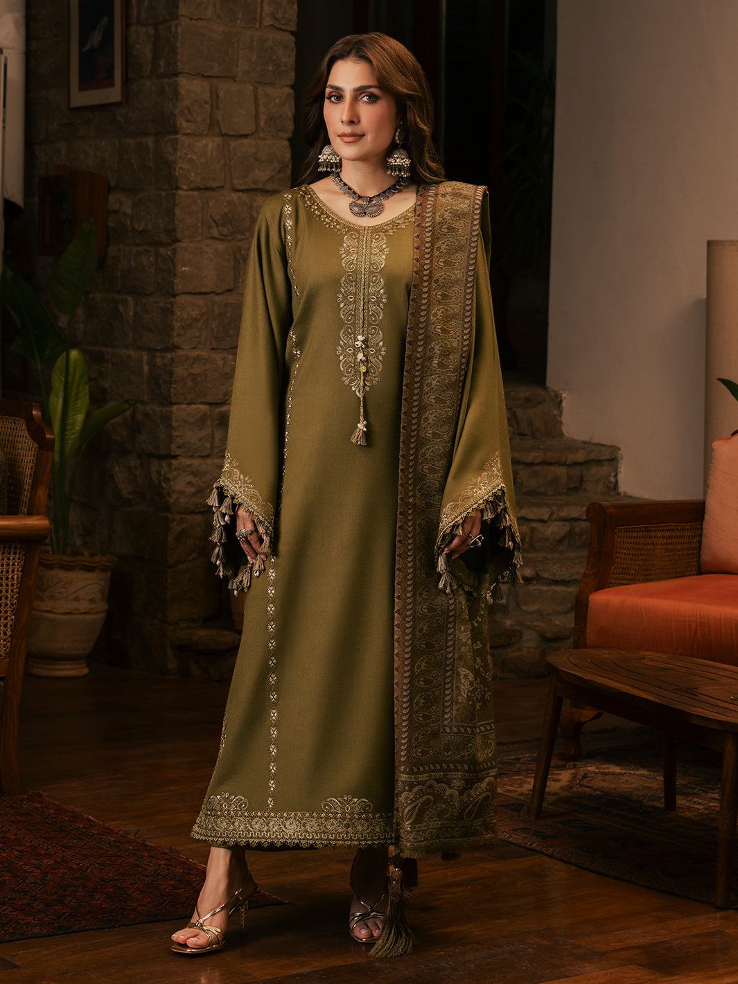Izel Musafir Mayal – Tobacco Embroidered Italian Woolen 3PC Suit with Shawl