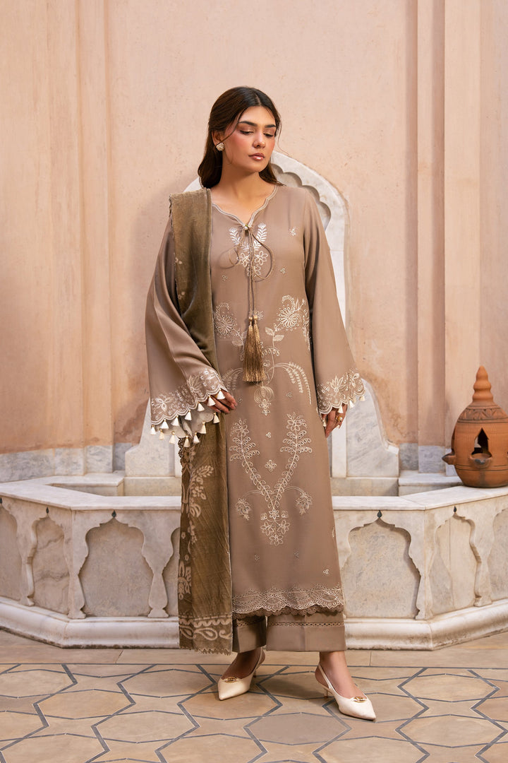 Raaya The Plush Edit Muted Truffle – Embroidered Slub Dhanak 3PC Suit with Palachi Shawl