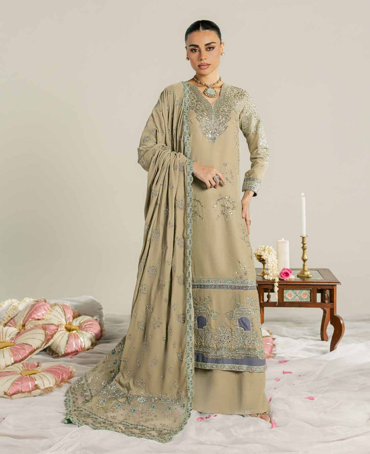 Nureh Maya Velvet NW-132 – Sage Beige Embroidered Velvet 3PC Suit (Pre-Order)