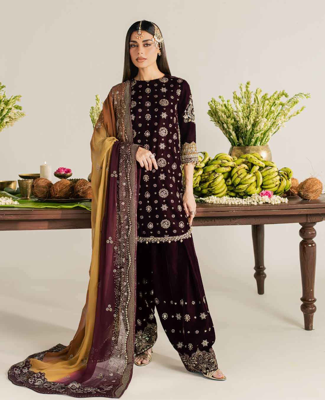 Nureh Maya Velvet NW-134 – Plum Embroidered Velvet 3PC Suit (Pre-Order)