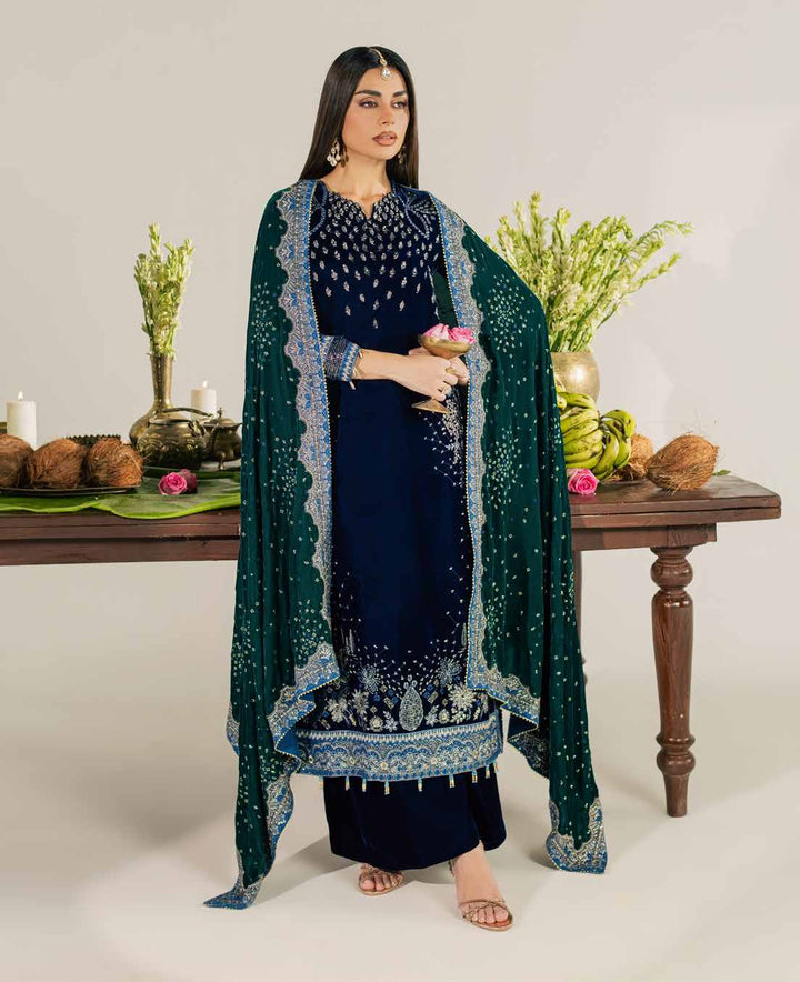 Nureh Maya Velvet NW-137 – Navy Blue Embroidered Velvet 3PC Suit (Pre-Order)
