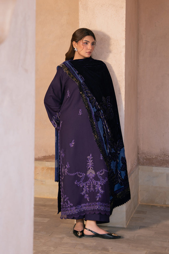 Raaya The Plush Edit Plum Obsidian – Embroidered Slub Dhanak 3PC Suit with Palachi Shawl