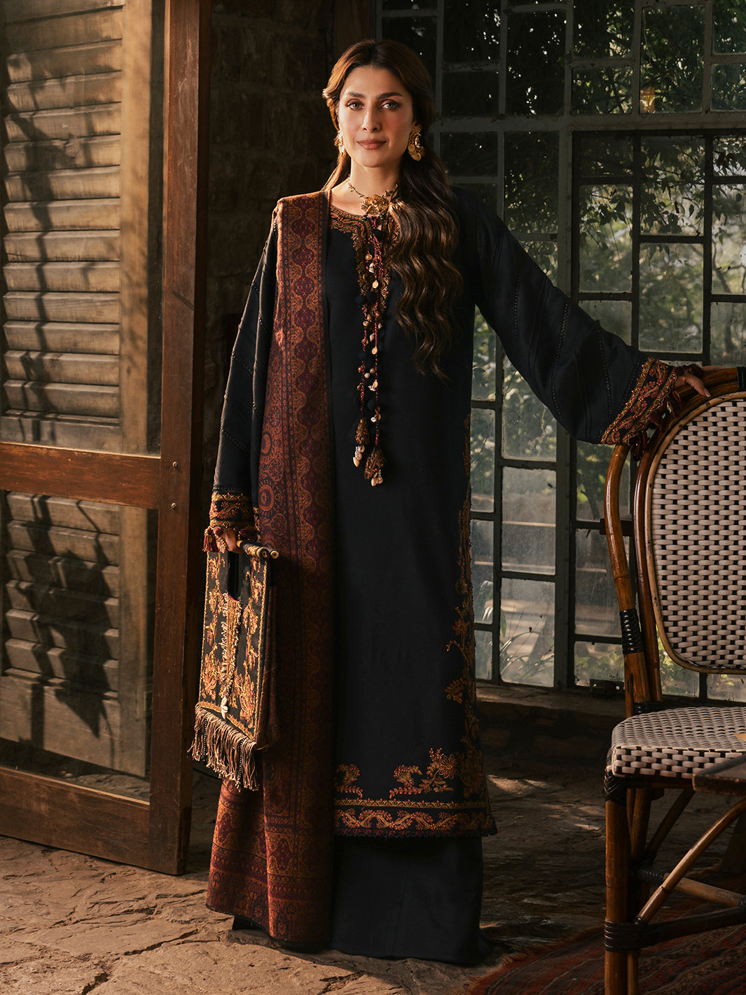 Izel Musafir Rameen – Black Embroidered Italian Woolen 3PC Suit with Shawl
