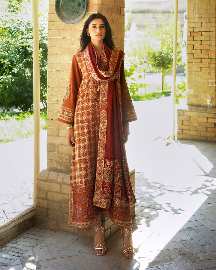 Mushq Broadway Rumi Sunset MUNWI260111 – Rust Corduroy Embroidered 3PC Suit with Shawl