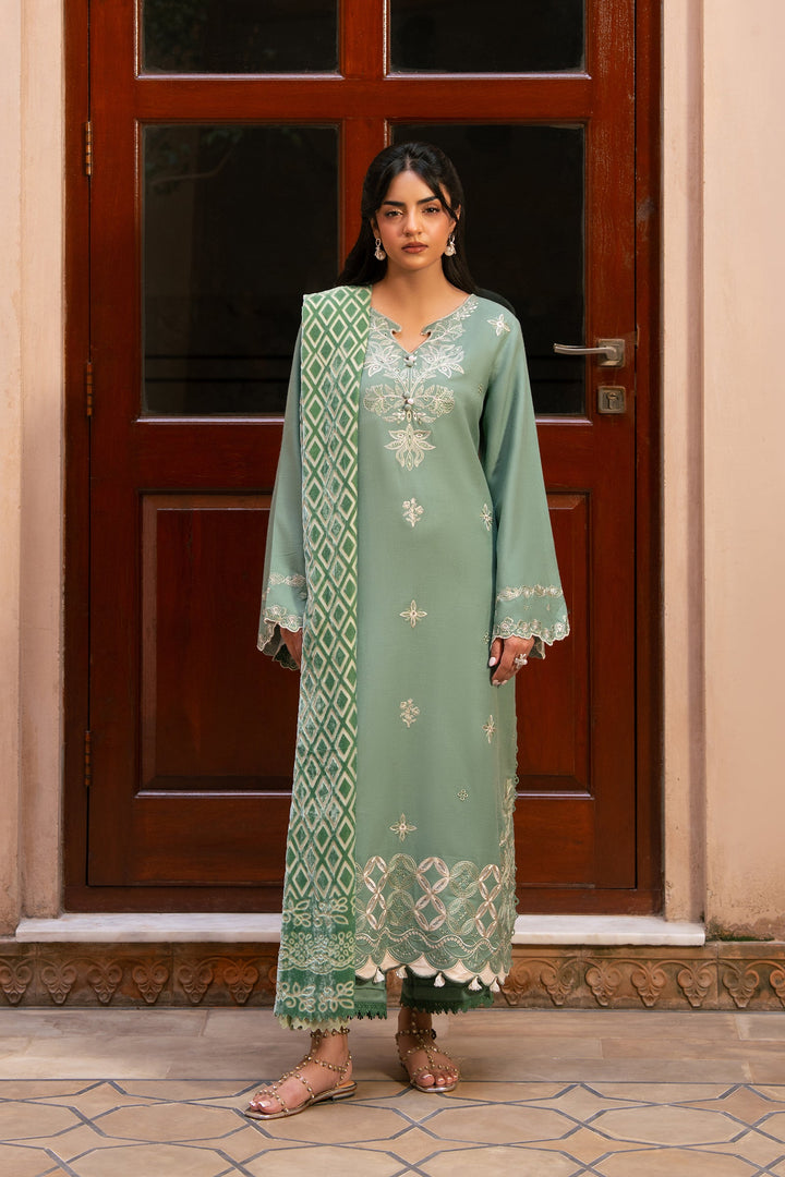 Raaya The Plush Edit Sage – Embroidered Slub Dhanak 3PC Suit with Palachi Shawl