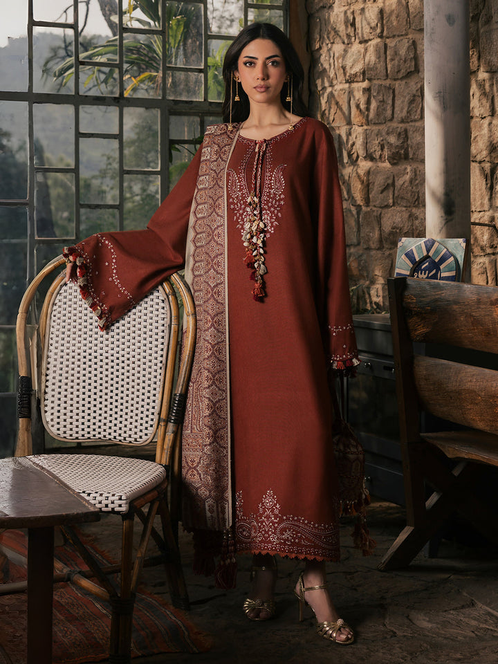 Izel Musafir Sahal – Burnt Orange Embroidered Italian Woolen 3PC Suit with Shawl
