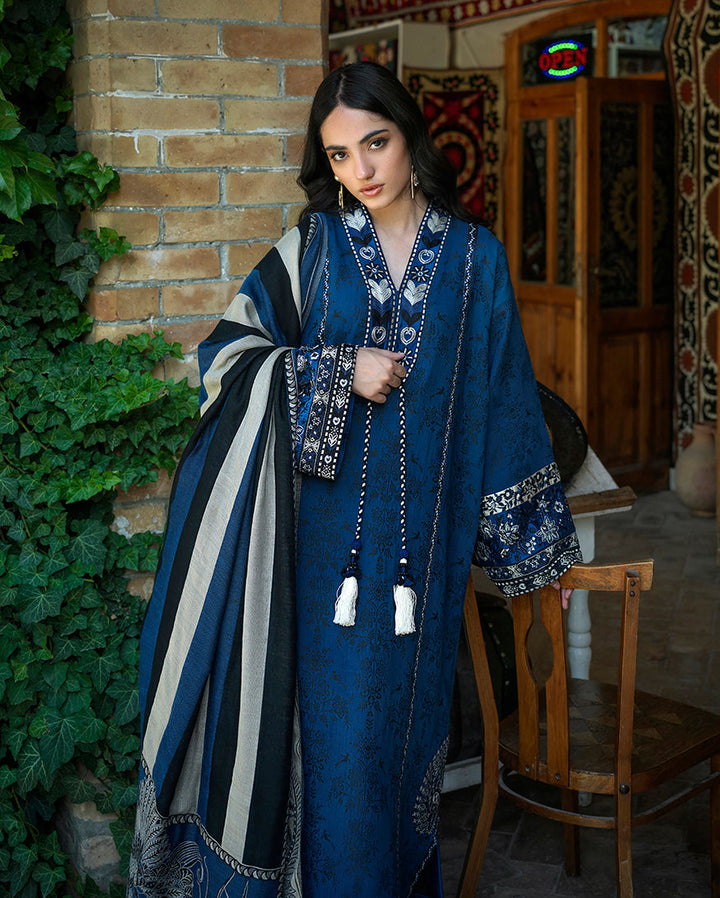 Mushq Broadway Sapphire Sultana MUNWI260107 – Blue Jacquard Embroidered 3PC Suit with Shawl