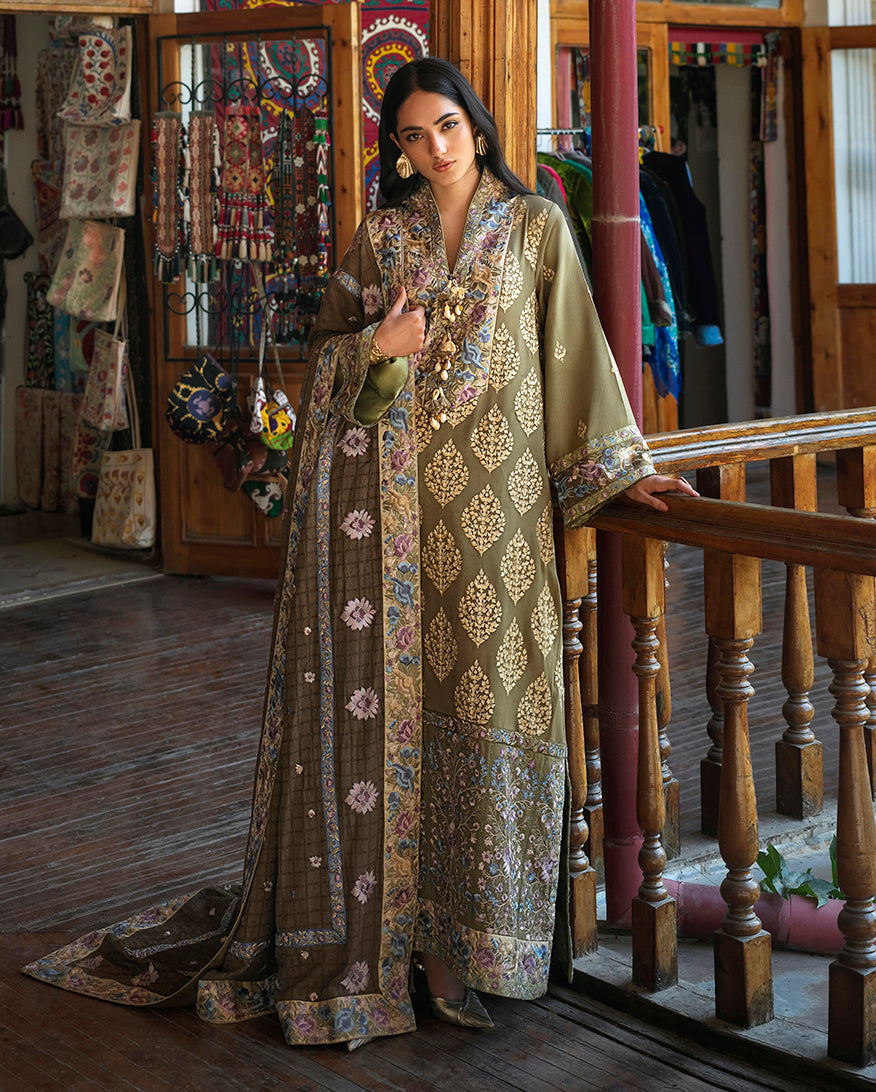 Mushq Broadway Silk Road MUNWI260112 – Olive Herringbone Embroidered 3PC Suit with Shawl