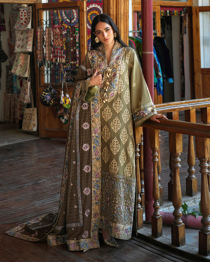 Mushq Broadway Silk Road MUNWI260112 – Olive Herringbone Embroidered 3PC Suit with Shawl