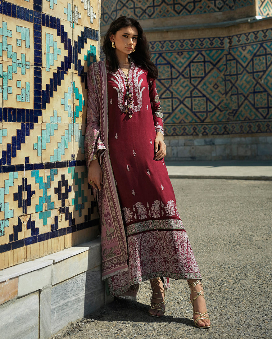 Mushq Broadway Timurid Rose MUNWI260110 – Berry Pink Jacquard Embroidered 3PC Suit with Shawl