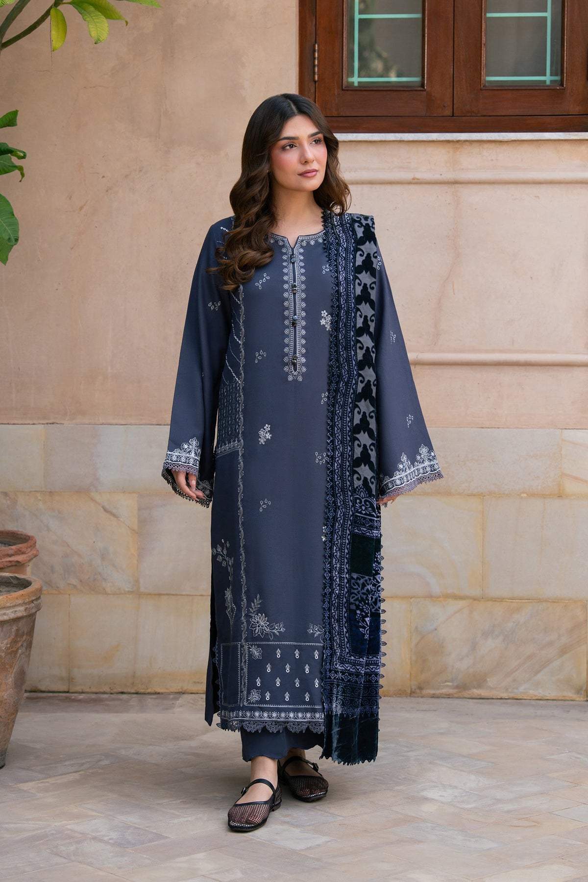 Raaya The Plush Edit Winter Blue – Embroidered Slub Dhanak 3PC Suit with Palachi Shawl