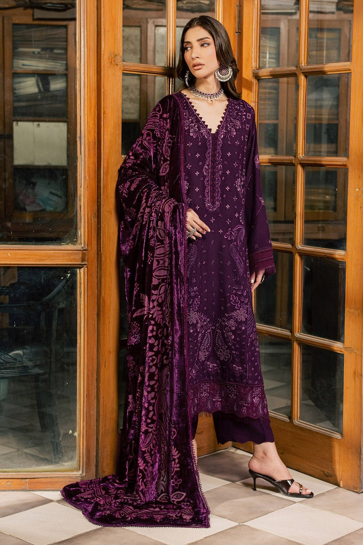 Nureh Exclusive Palachi NE-284 – Plum Purple Embroidered Leather Peach 3PC Suit with Velvet Shawl