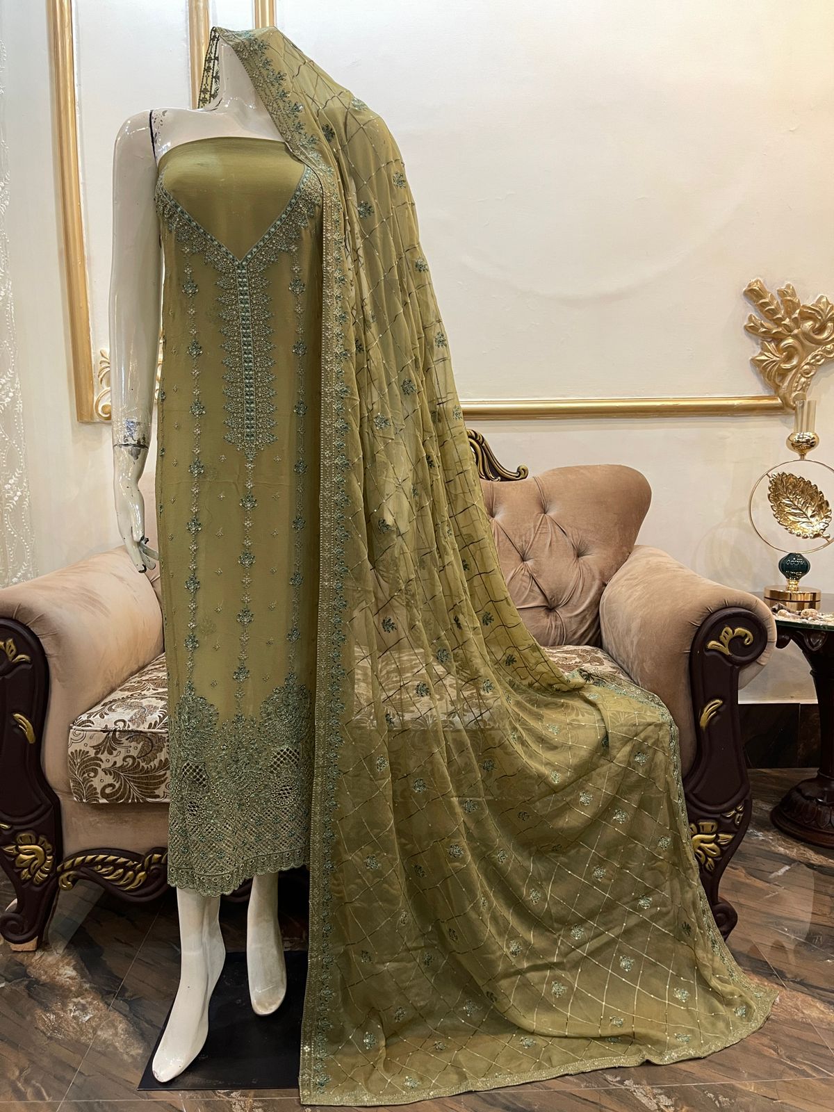 Elegant Pure Chiffon Bareeze outfit with chicken kari borders and an embroidered dupatta in beautiful colors.