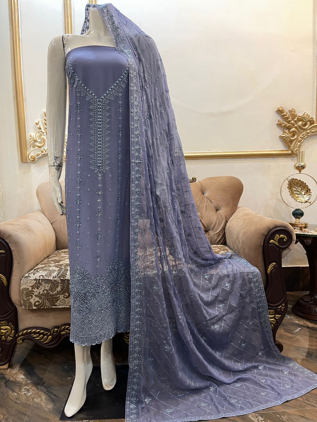 Elegant Pure Chiffon Bareeze outfit with chicken kari borders and an embroidered dupatta in beautiful colors.