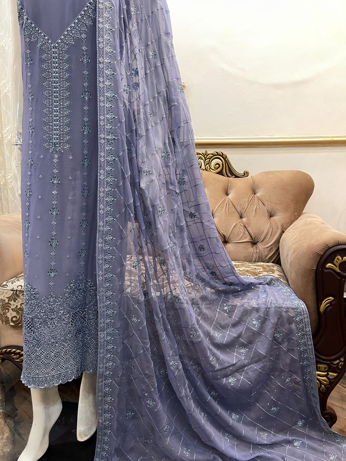 Elegant Pure Chiffon Bareeze outfit with chicken kari borders and an embroidered dupatta in beautiful colors.