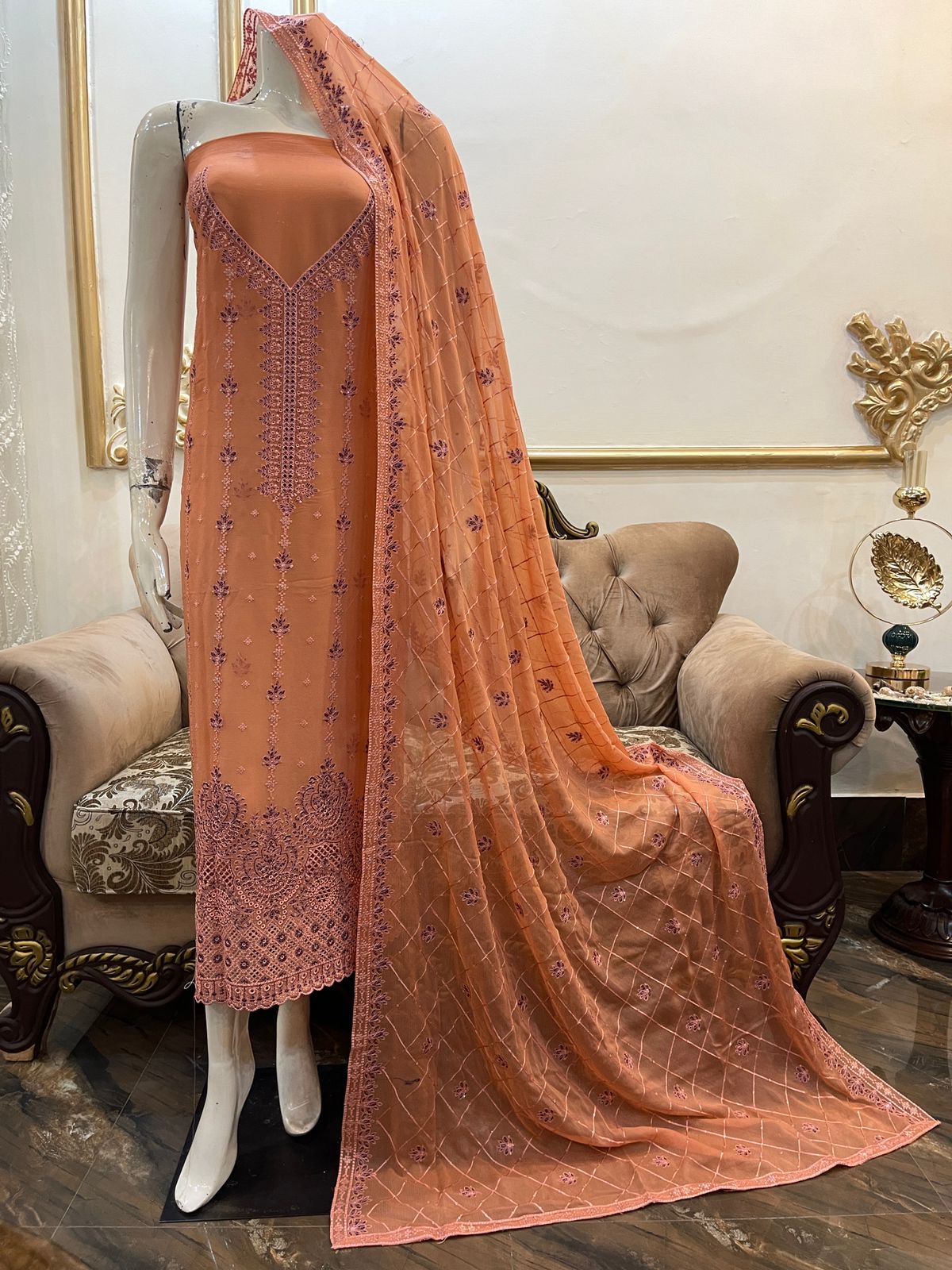 Elegant Pure Chiffon Bareeze outfit with chicken kari borders and an embroidered dupatta in beautiful colors.