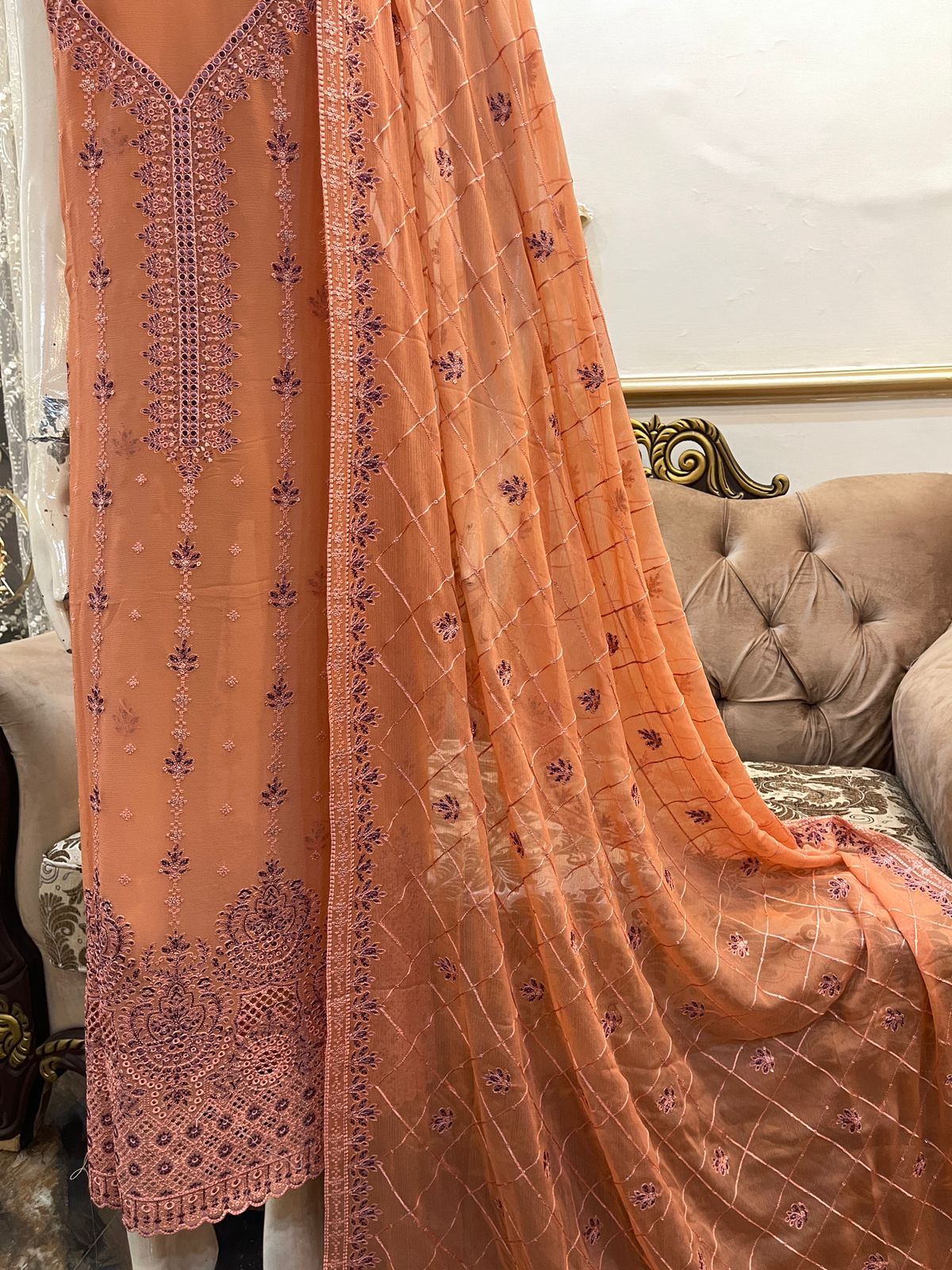 Elegant Pure Chiffon Bareeze outfit with chicken kari borders and an embroidered dupatta in beautiful colors.