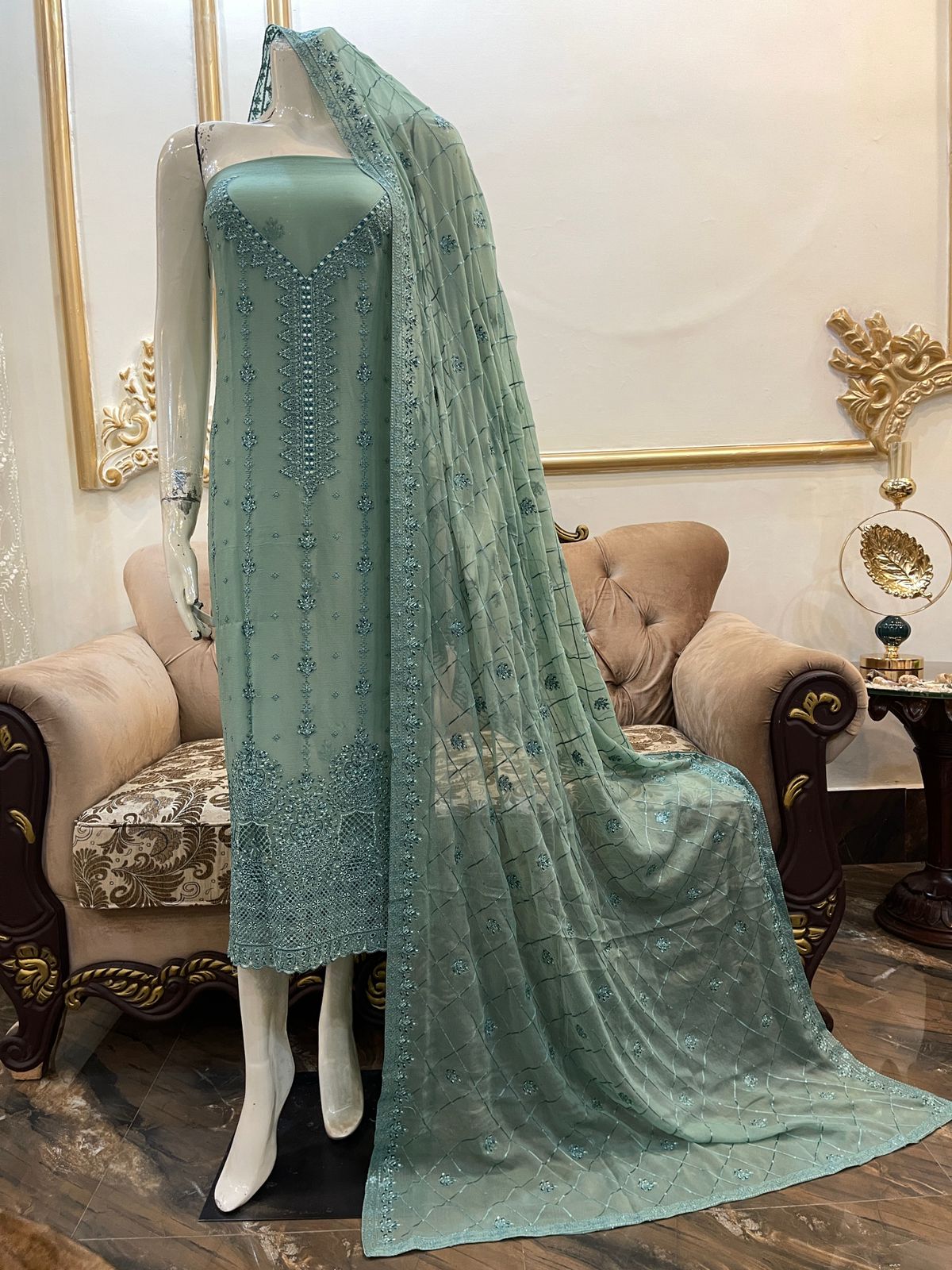 Elegant Pure Chiffon Bareeze outfit with chicken kari borders and an embroidered dupatta in beautiful colors.