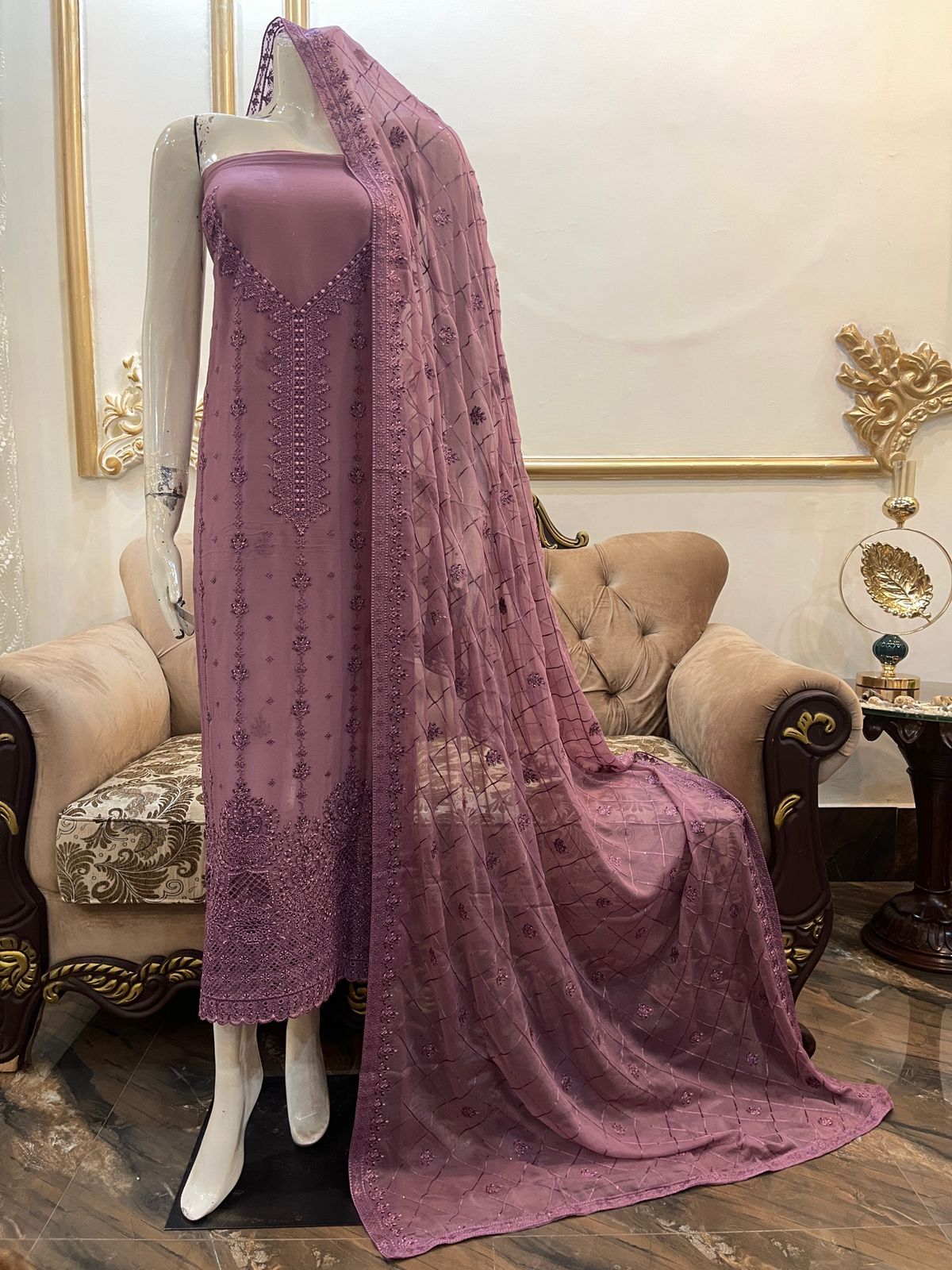 Elegant Pure Chiffon Bareeze outfit with chicken kari borders and an embroidered dupatta in beautiful colors.