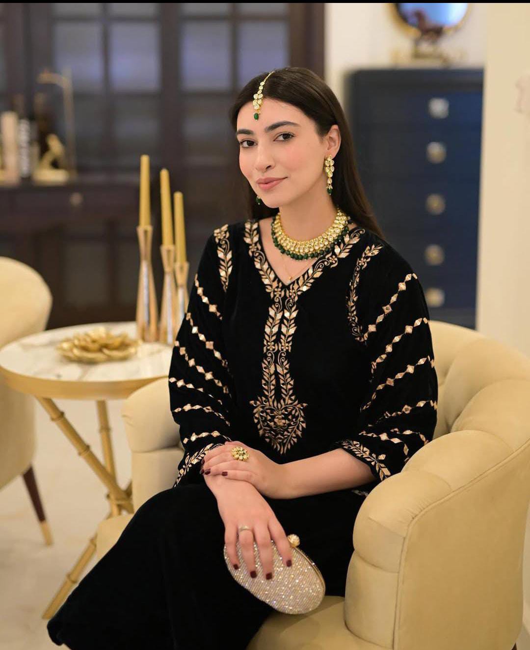 Velvet Tilla Emb + Sheesha Work Emb Shirt With Plain Velvet Trouser..