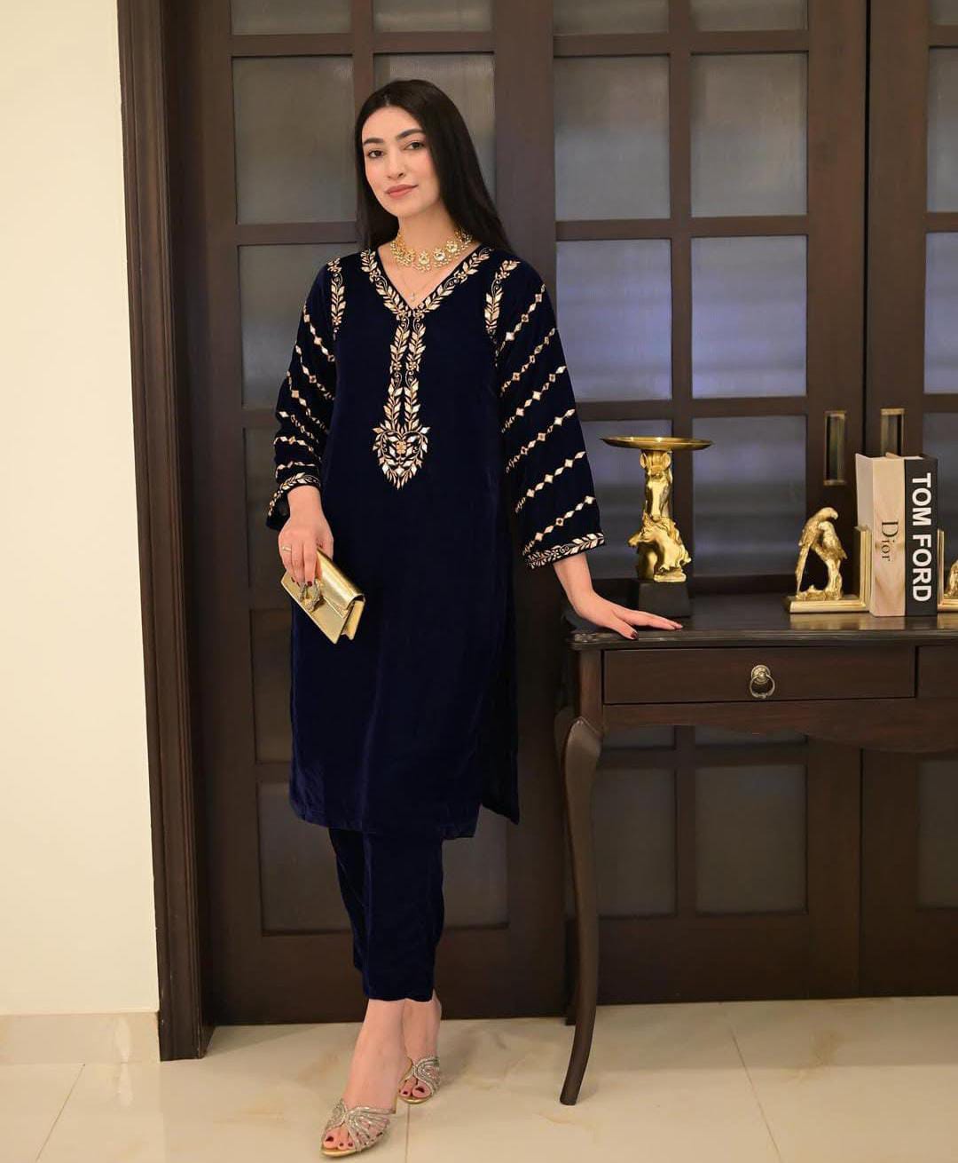 Velvet Tilla Emb + Sheesha Work Emb Shirt With Plain Velvet Trouser..